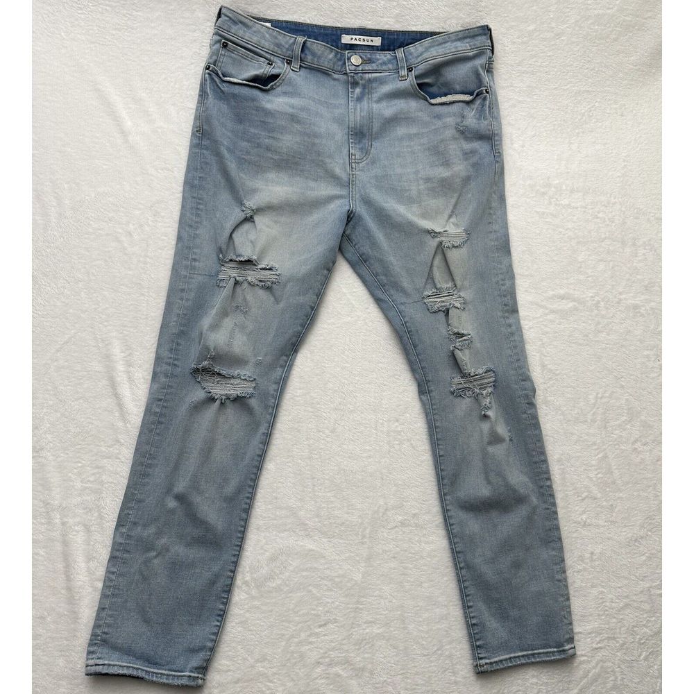 PacSun Jeans Mens 36x32 Slim Taper Measures 37x29 Faded Ripped Light‎ Wash